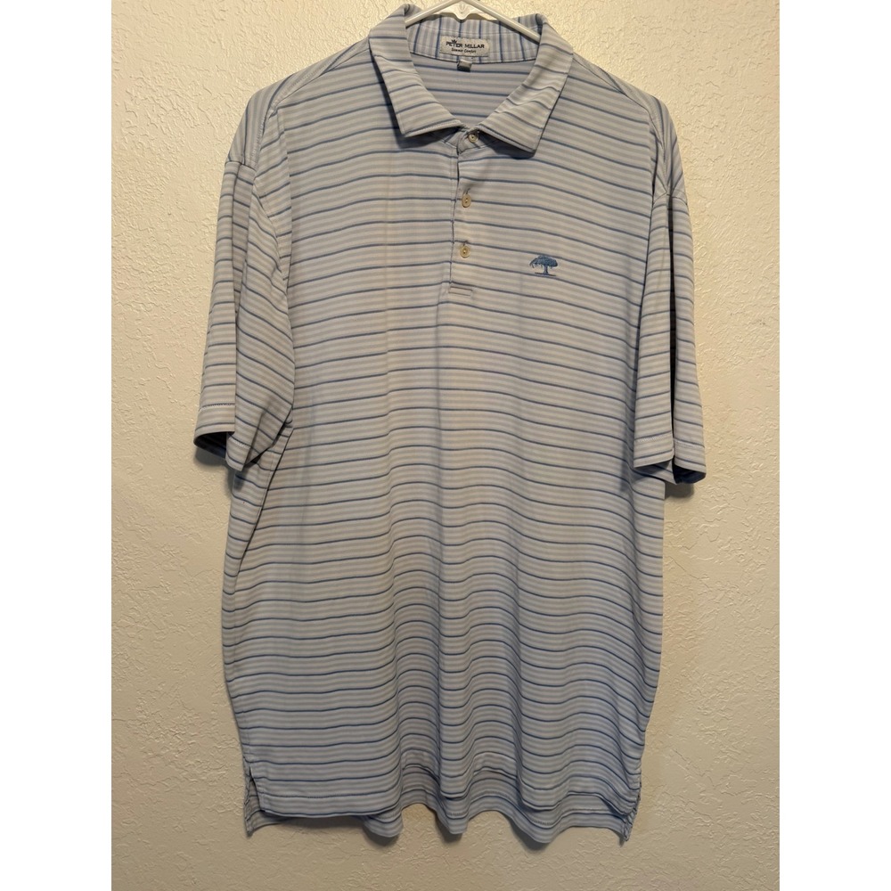 Peter Millar Summer Comfort Polo Shirt Mens XL Blue White Stripe Palm Tree Logo